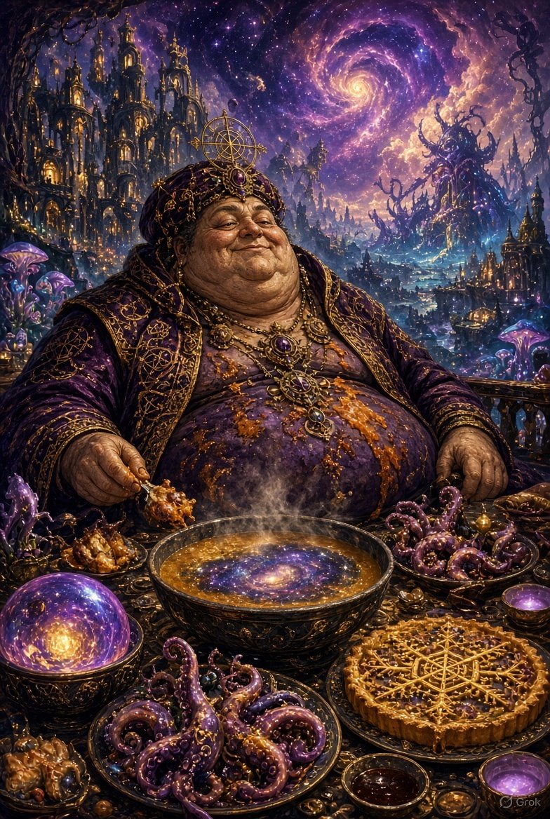 A regal, well-fed figure presides over a cosmic feast beneath a swirling galaxy.
